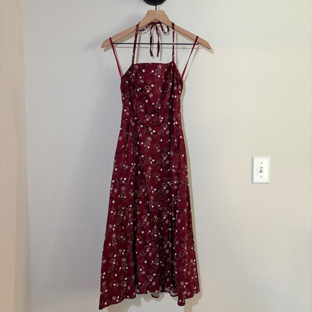 Collectif Halter Dress Small Cotton Paisley Burgundy Red Rockabilly Retro Pinup